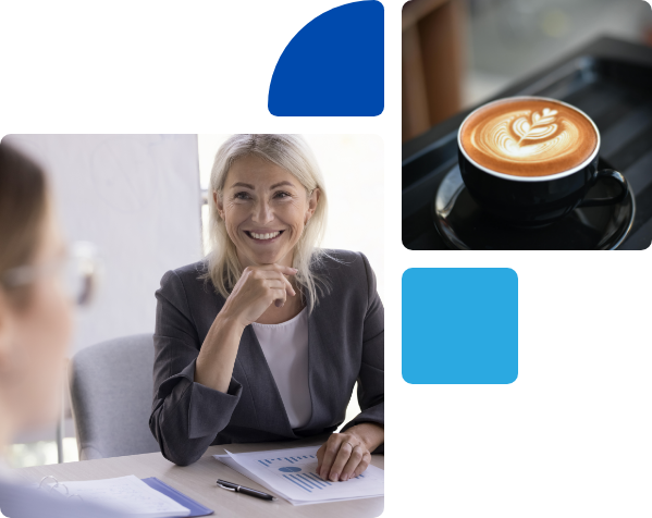 Cup of coffee, and nonprofit decision maker smiling